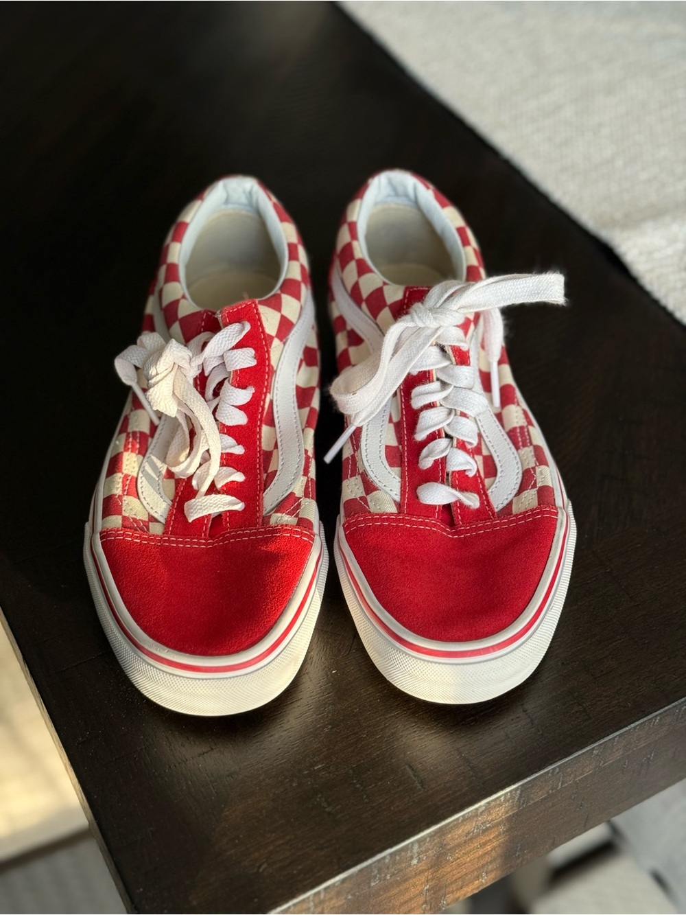 Old Skool Red Checkerboard Skate Shoes with White Stripe - Picture 2 of 8